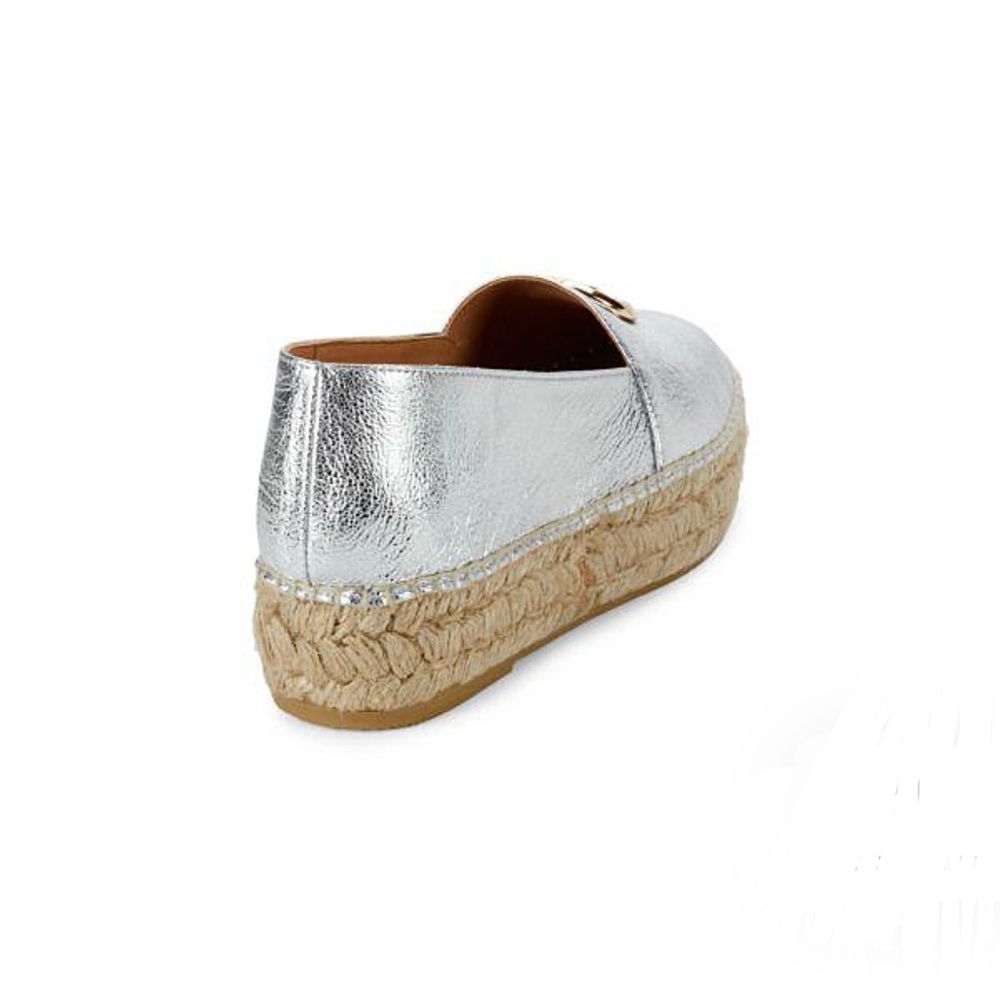 Valentino Silver Espadrille Shoe Size 9 Gold Logo Platform Jessica Closed Toe - Picture 16 of 17
